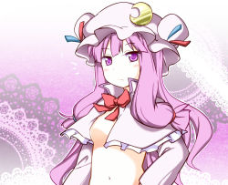 Rule 34 | 1girl, breasts, capelet, crescent, dress, female focus, hair ribbon, long hair, midriff, navel, no nipples, open clothes, open dress, patchouli knowledge, purple eyes, purple hair, ribbon, rioshi, sideboob, solo, touhou