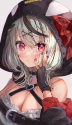Rule 34 | 1girl, black gloves, black hair, blush, breasts, cleavage, closed mouth, fingerless gloves, gloves, grey hair, hair ornament, highres, hololive, hood, hood up, large breasts, long sleeves, looking at viewer, multicolored hair, nail polish, red eyes, red nails, sakamata chloe, samo cha, shirt, simple background, solo, streaked hair, tearing up, upper body, virtual youtuber, white shirt, x hair ornament