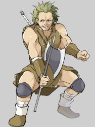 Rule 34 | axe, bandages, boots, brown hair, buck teeth, fire emblem, fire emblem: genealogy of the holy war, full body, gerrard (fire emblem), holding, knee pads, looking to the side, male focus, messy hair, muscular, nintendo, one-hour drawing challenge, open mouth, short hair, simple background, smile, solo, standing, teeth, tenjin (ahan), weapon
