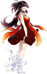 Rule 34 | 1girl, bandages, belial (wild arms), black hair, breasts, closed eyes, dress, dress grab, full body, kneepits, large breasts, long hair, official art, ooba wakako, red dress, scan, simple background, solo, white background, wild arms, wild arms 4