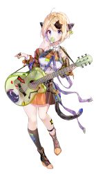 Rule 34 | 1girl, ahoge, bare shoulders, black footwear, black socks, blonde hair, blouse, blue eyes, boots, brown skirt, brown sleeves, blowing bubbles, cat hair ornament, cat tail, chewing gum, collared shirt, commentary request, detached sleeves, full body, guitar, hair ornament, high heel boots, high heels, highres, holding, holding instrument, instrument, kneehighs, long sleeves, melings (aot2846), original, panties, pleated skirt, plectrum, puffy long sleeves, puffy sleeves, purple panties, see-through, see-through skirt, shirt, short hair, simple background, single kneehigh, single sock, skirt, sleeveless, sleeveless shirt, socks, solo, standing, tail, thighs, underwear, white background, white shirt