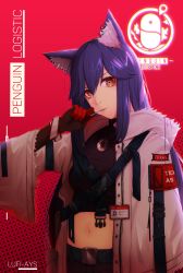 Rule 34 | 1girl, absurdres, animal ears, arknights, artist name, belt, blue hair, brown eyes, candy, cat ears, character name, crop top, eyebrows, food, food in mouth, gloves, highres, lollipop, long hair, long sleeves, looking at viewer, lufi ays, navel, official alternate costume, red background, red gloves, solo, texas (arknights), texas (winter messenger) (arknights)