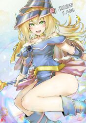 1girl absurdres blonde_hair blue_dress breasts cleavage dark_magician_girl dress duel_monster feet_out_of_frame green_eyes highres holding holding_wand looking_at_viewer nikomi_purin off-shoulder_dress off_shoulder pentagram smile solo thighs wand yu-gi-oh!