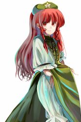 Rule 34 | 1girl, absurdres, baggy pants, beret, braid, china dress, chinese clothes, dress, green dress, green eyes, green headwear, hat, hat ornament, highres, hong meiling, long hair, pants, red hair, star (symbol), star hat ornament, touhou, twin braids, white pants, yukine 0930