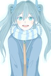 Rule 34 | 1girl, hatsune miku, long hair, looking at viewer, monotiina, open mouth, scarf, simple background, smile, solo, twintails, vocaloid, white background