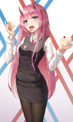 Rule 34 | 1girl, absurdres, bad id, bad pixiv id, black pantyhose, black skirt, black sweater, breasts, cake, collared shirt, cowboy shot, darling in the franxx, doughnut, dress shirt, eyes visible through hair, fangs, food, food on clothes, green eyes, highres, horns, kerno, long hair, long sleeves, looking at viewer, medium breasts, open mouth, pantyhose, pencil skirt, pink hair, shirt, sidelocks, simple background, skirt, solo, strawberry shortcake, sweater, sweater vest, tongue, tongue out, uniform, very long hair, white shirt, zero two (darling in the franxx)