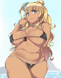 Rule 34 | 10s, 1girl, belly, bikini, blonde hair, blue eyes, blush, breasts, curvy, curvy, covered erect nipples, galko, highres, large breasts, long hair, looking at viewer, micro bikini, moisture (chichi), navel, open mouth, oshiete! galko-chan, plump, smile, solo, standing, swimsuit, tan, thick thighs, thighs, wide hips