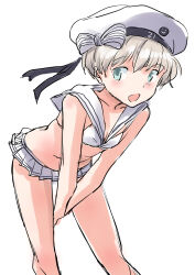Rule 34 | bikini, bikini skirt, breasts, clothes writing, commentary request, feet out of frame, fuji (pixiv24804665), grey eyes, hat, highres, kantai collection, leaning forward, microskirt, official alternate costume, peaked cap, pleated skirt, sailor bikini, sailor collar, sailor hat, short hair, simple background, skirt, small breasts, swimsuit, white background, white bikini, white hair, white hat, white skirt, z1 leberecht maass (kancolle)
