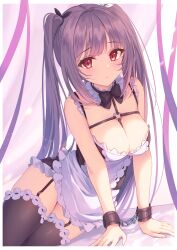 Rule 34 | 1girl, black bow, black bowtie, bound, bow, bowtie, breasts, chain, chained wrists, cleavage, closed mouth, frilled thighhighs, frills, highres, large breasts, long hair, looking at viewer, maid, miyanome, original, purple hair, red eyes, restrained, simple background, sitting, stationary restraints, thigh strap, thighhighs, thighs, twintails