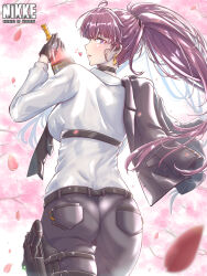 Rule 34 | 1girl, ahoge, ass, black choker, black necktie, black pants, black suit, blush, bottle, breasts, cherry blossoms, choker, collared shirt, copyright name, dolla (nikke), earrings, formal, from behind, goddess of victory: nikke, heart, highres, holding, holding bottle, holster, holstered, jewelry, long hair, looking at viewer, margherita832, medium breasts, necktie, pants, pantylines, ponytail, purple eyes, purple hair, shirt, solo, suit, thigh holster, white shirt