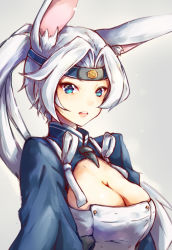 Rule 34 | 1girl, animal ears, azur lane, blue eyes, breasts, cleavage, cleavage cutout, clothing cutout, forehead protector, grey background, headband, highres, hiryuu (azur lane), large breasts, long hair, looking at viewer, mayonaka taruho, open mouth, ponytail, rabbit ears, simple background, sketch, solo, tasuki, white hair