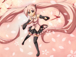 Rule 34 | 1girl, alternate color, alternate hair color, blush, boots, cherry blossoms, colorized, detached sleeves, hatsune miku, kagero (haruhi), legs, long hair, name connection, necktie, object namesake, pink eyes, pink hair, pink theme, sakura miku, skirt, solo, thigh boots, thighhighs, twintails, very long hair, vocaloid, zettai ryouiki
