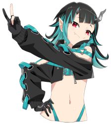 Rule 34 | 1girl, nanashi inc., akitetsu, belt, belt bra, black gloves, black hair, black jacket, blue belt, blue hair, blue panties, chest belt, closed mouth, clothing cutout, commentary request, cropped jacket, cross-laced clothes, cross-laced sleeves, demon girl, demon horns, fang, flat chest, gloves, hand in own hair, highleg, highleg panties, horns, jacket, long hair, long sleeves, looking at viewer, midriff, multicolored hair, navel, open clothes, open jacket, panties, partially fingerless gloves, pointy ears, red eyes, shishio chris, shoulder cutout, simple background, smile, solo, sugar lyric, transparent background, two-tone hair, underwear, upper body, v, virtual youtuber
