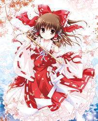 Rule 34 | 1girl, adapted costume, ascot, bow, brown eyes, brown hair, cherry blossoms, detached sleeves, female focus, flower, gohei, hair bow, hair tubes, hakurei reimu, ribbon-trimmed clothes, ribbon-trimmed sleeves, ribbon trim, short hair, smile, solo, touhou, white-brown