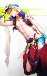 Rule 34 | 1boy, arabian clothes, bad id, bad pixiv id, bare pectorals, bare shoulders, blonde hair, blush, changye, clothing cutout, cropped vest, crotchless, crotchless pants, fate/grand order, fate (series), gauntlets, gilgamesh, gilgamesh (caster) (fate), gilgamesh (fate), highres, male focus, pants, pectorals, red eyes, short hair, single gauntlet, solo, sweat, thigh cutout, toned, toned male, turban, vest