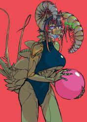 Rule 34 | 1girl, arthropod girl, arthropod limbs, ball, bikini, blue bikini, blue hair, blue sclera, blue tongue, breasts, bright pupils, carapace, claws, colored sclera, colored skin, colored tips, colored tongue, cowboy shot, gradient eyes, green skin, hands up, highres, holding, holding ball, large breasts, looking at viewer, monster girl, multicolored eyes, multicolored hair, open mouth, original, purple eyes, purple sclera, red background, red hair, ringed eyes, shion humine, short hair, simple background, solo, standing, swimsuit, tail, underboob, unfinished, white pupils