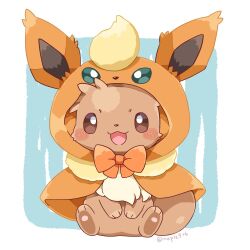 Rule 34 | :3, artist name, blush stickers, bow, brown eyes, capelet, clothed pokemon, cosplay, creatures (company), eevee, flareon, flareon (cosplay), full body, game freak, gen 1 pokemon, hand on own stomach, highres, hood, hooded capelet, kana (maple926), looking at viewer, nintendo, open mouth, orange bow, pokemon, pokemon (creature), sitting, smile, solo, twitter username