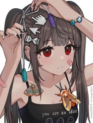 Rule 34 | 1girl, armpit peek, artist name, bandaid, bandaid on arm, bandaid on face, black nails, blunt bangs, brown hair, bug, butterfly, cable, closed mouth, collarbone, ear piercing, english text, fingernails, highres, insect, internet explorer, looking away, mole, mole under eye, moth, mouse icon hair ornament, nail polish, napster, original, piercing, red eyes, sleeveless, solo, twintails, upper body, vickie (cryingrobot), vickie (cryingrobot) (character)
