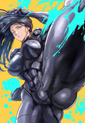 Rule 34 | 1girl, abs, arm up, asami (one-punch man), ass, black hair, bodysuit, breasts, clenched hand, daraz, dynamic pose, feet out of frame, gluteal fold, high kick, highres, kicking, large breasts, looking at viewer, looking down, muscular, muscular female, one-punch man, open mouth, paint splatter, purple eyes, shiny clothes, skin tight, solo, thighs, underboob