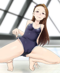 Rule 34 | 10s, 1girl, :q, bad id, bad pixiv id, barefoot, brown hair, cameltoe, competition school swimsuit, feet, idolmaster, idolmaster (classic), idolmaster 2, indoors, long hair, minase iori, naughty face, one-piece swimsuit, pool, poolside, red eyes, rei no pool, school swimsuit, solo, squatting, swimsuit, tkhs, toes, tongue, tongue out, underwear, wet, window