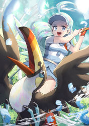Rule 34 | 1girl, ahoge, artist name, blue hair, breasts, commentary request, creatures (company), elite four, feathers, from below, game freak, gen 7 pokemon, gloves, golf club, grey eyes, hands up, highres, holding, holding golf club, kahili (pokemon), light blue hair, long hair, mole, mole under eye, nintendo, open mouth, orange legwear, pokemon, pokemon (creature), pokemon sm, shirt, short sleeves, single glove, striped clothes, striped shirt, teeth, tongue, toucannon, visor cap, yamanashi taiki