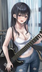 Rule 34 | 1girl, :d, absurdres, armpits, black hair, blue eyes, blue pants, breasts, camisole, card, cleavage, collarbone, contrapposto, cowboy shot, crop top, denim, earrings, electric guitar, guitar, hair ornament, hairclip, halter shirt, halterneck, highres, holding, indoors, instrument, jewelry, long hair, looking at viewer, medium breasts, midriff, mole, mole on breast, myowa, navel, necklace, open mouth, original, pants, playing card, shirt, sleeveless, sleeveless shirt, smile, solo, spaghetti strap, standing, stud earrings, sweat, torn clothes, torn pants, white shirt