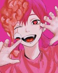 Rule 34 | 1girl, chainsaw man, cosmo (chainsaw man), dangling eye, exposed brain, gao, heart, heart-shaped pupils, highres, looking at viewer, open mouth, pink background, pink eyes, pink hair, pink shirt, pink theme, raberu ruru, shirt, short twintails, simple background, solo, symbol-shaped pupils, twintails
