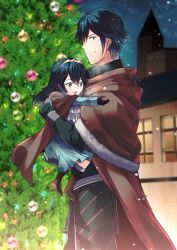 Rule 34 | 1boy, 1girl, ameno (a meno0), blue eyes, blue hair, cape, christmas, chrom (fire emblem), father and daughter, fire emblem, fire emblem awakening, gloves, highres, long hair, lucina (fire emblem), night, nintendo, open mouth, outdoors, short hair, smile, symbol-shaped pupils, tree, window, aged down