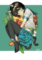 Rule 34 | 1girl, absurdres, anal, anal object insertion, animal ear fluff, animal ears, asparagus, between legs, black hair, black pantyhose, blue eyes, blue sailor collar, blue skirt, blush, cable tie, carrot, cat ears, cat girl, cat tail, commentary, crying, crying with eyes open, cucumber, drooling, food, full body, green background, highres, iuui, looking at viewer, midriff, no shoes, object insertion, original, pantyhose, pleated skirt, pussy juice, restrained, sailor collar, school uniform, serafuku, shirt, short hair, skirt, solo, symbol-only commentary, tail, tears, tomato, two-tone background, vaginal, vaginal object insertion, variant set, vegetable, white background, white shirt