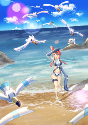 Rule 34 | 1girl, :d, arisu (mikannjs), bad id, bad pixiv id, barefoot, beach, belt, bird, blue belt, blue eyes, blue footwear, blue gloves, blue jacket, blue shorts, blue sky, blurry, blurry foreground, blush, boots, breasts, cloud, commentary, creatures (company), cropped jacket, day, elbow gloves, flying, from above, full body, game freak, gen 3 pokemon, gloves, groin, gym leader, hand up, highres, holster, horizon, jacket, knee boots, large breasts, lens flare, long sleeves, looking up, midriff, navel, nintendo, ocean, one side up, open mouth, outdoors, pilot suit, pokemon, pokemon (creature), pokemon bw, pouch, red hair, rock, sand, seagull, shadow, short shorts, shorts, sidelocks, sky, skyla (pokemon), smile, solo focus, swept bangs, thigh holster, thigh pouch, thigh strap, unworn boots, unworn footwear, wading, water, wingull