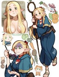 Rule 34 | 1girl, animal costume, artist name, bare shoulders, blonde hair, blushyspicy, breasts, cabbage, carrot, cleavage, dungeon meshi, elf, frog costume, green eyes, green robe, hair censor, hair ribbon, highres, holding, holding staff, jack o&#039; lantern (dungeon meshi), large breasts, long hair, mandragora, marcille donato, mushroom, onion, open mouth, partially submerged, pointy ears, red ribbon, ribbon, robe, sandals, staff, toes, water, white background