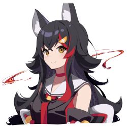 Rule 34 | 1girl, animal ear fluff, animal ears, bell, black hair, detached sleeves, female focus, hair ornament, hairclip, highres, hololive, japanese clothes, long hair, looking at viewer, multicolored hair, necktie, ookami mio, ookami mio (1st costume), red hair, red necktie, sailor collar, school uniform, simple background, smile, solo, streaked hair, two-tone hair, upper body, virtual youtuber, white background, white sailor collar, wolf ears, yellow eyes, yomogi uehara