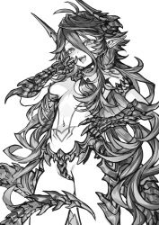 Rule 34 | 1girl, absurdres, antenna hair, armor, armored gloves, bikini armor, breasts, dragon girl, dragon horns, dragon tail, elbow gloves, gloves, greyscale, hair between eyes, highres, horns, leon v, long hair, looking down, monochrome, navel, open mouth, original, pointy ears, revealing clothes, simple background, small breasts, smile, solo, stomach tattoo, tail, tattoo, very long hair, wavy hair