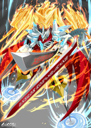 Rule 34 | armor, buckle, cape, chicago-x, claws, digimon, digimon (creature), dual wielding, epic, fire, fire, flaming sword, flaming weapon, full armor, glowing, holding, horns, jesmon, magic circle, monster, multiple swords, no humans, royal knights, signature, single horn, solo, spikes, sword, tail, weapon