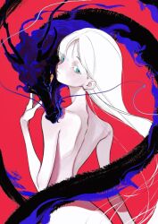 Rule 34 | 1girl, aqua eyes, back, chinese zodiac, dragon, eastern dragon, expressionless, hidari (nanmu-left), long hair, looking at viewer, looking back, mole, mole under eye, nude, original, red background, simple background, upper body, white hair, year of the dragon