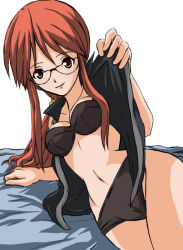 Rule 34 | 1990s (style), 1girl, arm support, artist request, bed, black bra, bra, breasts, brown eyes, cleavage, creatures (company), elite four, face, female focus, game freak, glasses, hip focus, jacket, legs, lingerie, lips, long hair, lorelei (pokemon), lying, navel, nintendo, on side, open clothes, open jacket, panties, pokemon, pokemon rgby, ponytail, popped collar, red eyes, red hair, retro artstyle, shirt, shoes, sleeveless, smile, solo, thighs, underwear, undressing, wide hips