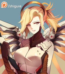Rule 34 | 1girl, artist name, blonde hair, blue background, blue eyes, bodysuit, breasts, gradient background, halo, high ponytail, holding, holding staff, large breasts, long hair, looking at viewer, mechanical halo, mechanical wings, mercy (overwatch), overwatch, overwatch 1, parted lips, patreon, patreon username, shigure s, solo, spread wings, staff, upper body, watermark, wings, yellow background