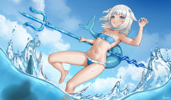 Rule 34 | 1girl, absurdres, bikini, blue bikini, blue eyes, blue hair, blue sky, blunt bangs, breasts, cloud, cowboy shot, day, dorsal fin, fins, fish tail, frilled bikini, frills, gawr gura, gills, gluteal fold, grey hair, grin, hair ornament, highres, hololive, hololive english, looking at viewer, medium hair, multicolored hair, outdoors, partially underwater shot, polearm, secon, shark girl, shark hair ornament, shark tail, sharp teeth, sky, small breasts, smile, solo, streaked hair, swimsuit, tail, teeth, trident, two side up, virtual youtuber, water, weapon, white hair