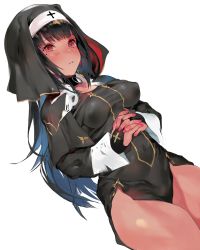 Rule 34 | 1girl, black hair, blush, breasts, covered erect nipples, full-face blush, highres, long hair, looking at viewer, medium breasts, mole, mole under eye, nail polish, nun, original, parted lips, pink nails, red eyes, simple background, solo, thighs, unkq, white background