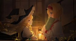 Rule 34 | 2girls, alice margatroid, apron, black headwear, blonde hair, blue eyes, blush, book, bow, braid, capelet, closed eyes, closed mouth, commentary request, dress, flower, frills, hair bow, hairband, hat, hat bow, holding, indoors, japanese clothes, kimono, kirisame marisa, lantern, lily (flower), long hair, long sleeves, looking at another, multiple girls, nejikyuu, profile, puffy short sleeves, puffy sleeves, ribbon, shirt, short hair, short sleeves, side braid, single braid, smile, touhou, upper body, vest, waist apron, white bow, white shirt, witch hat, yellow eyes, yukata