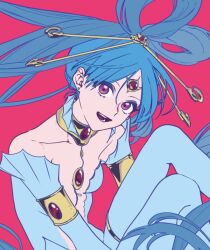 Rule 34 | 1girl, :d, armlet, blue bodysuit, blue hair, bodysuit, breasts, center opening, choker, cleavage, crazy smile, djinn equip, earrings, forehead jewel, hair ornament, hair rings, hair stick, jewelry, long hair, looking at viewer, magi the labyrinth of magic, open mouth, pink background, pink eyes, ren kougyoku, simple background, sinaki243971, small breasts, smile, solo, very long hair, weapon