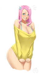 Rule 34 | 1girl, ass, bare shoulders, blue eyes, blush, bra strap, breasts, cleavage, cropped legs, embarrassed, female focus, fluttershy, flying sweatdrops, highres, large breasts, long hair, looking at viewer, lvl (sentrythe2310), my little pony, my little pony: friendship is magic, off shoulder, personification, pink hair, shy, solo, sweatdrop, sweater