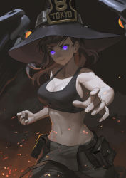 Rule 34 | 1girl, bare shoulders, black background, black hair, black hat, black pants, black tank top, breasts, cleavage, clenched hand, collarbone, commentary, cowboy shot, crop top, en&#039;en no shouboutai, fire, glowing, glowing eyes, groin, hat, highres, large breasts, long hair, looking at viewer, maki oze, midriff, navel, pants, pouch, purple eyes, smile, solo, standing, tank top, toned, ttk (kirinottk), witch hat