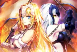 Rule 34 | 2girls, back-to-back, bad id, bad pixiv id, banner, blonde hair, blue eyes, breasts, fate/grand order, fate (series), fur trim, gauntlets, holding, holding weapon, jeanne d&#039;arc (fate), jeanne d&#039;arc (ruler) (fate), jeanne d&#039;arc (third ascension) (fate), jeanne d&#039;arc alter (avenger) (fate), jeanne d&#039;arc alter (avenger) (third ascension) (fate), jeanne d&#039;arc alter (fate), kaigo, long hair, looking at viewer, medium breasts, multiple girls, sideboob, silver hair, smile, standing, upper body, very long hair, weapon, yellow eyes