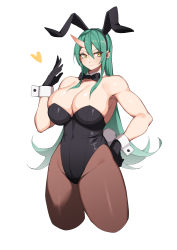 Rule 34 | 1girl, absurdres, alternate costume, animal ears, arknights, bare arms, bare shoulders, black bow, black bowtie, black gloves, black leotard, bow, bowtie, brown pantyhose, commentary, cropped legs, detached collar, fake animal ears, fake tail, gloves, green hair, groin, hair between eyes, hand on own hip, hanenosaki, heart, highres, horns, hoshiguma (arknights), leotard, long hair, looking at viewer, pantyhose, playboy bunny, rabbit ears, rabbit tail, simple background, single horn, smile, solo, standing, strapless, strapless leotard, tail, thick thighs, thighs, very long hair, white background, yellow eyes