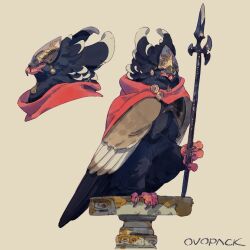 Rule 34 | animal, animal focus, artist name, bird, blue eyes, cape, clothed animal, commentary, cropped torso, eagle, from side, full body, helmet, highres, holding, holding polearm, holding weapon, jewelry, looking at viewer, multiple views, murayama ryota, no humans, original, pendant, polearm, profile, red cape, signature, simple background, spear, squinting, talons, weapon, yellow background