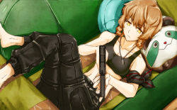 Rule 34 | 1girl, amane suzuha, ame noti hare, armband, bandana, bare shoulders, barefoot, black pants, braid, brown hair, couch, female focus, green upholstery, gun, holster, jewelry, crossed legs, lying, midriff, necklace, on back, pants, short hair, sitting, solo, steins;gate, twin braids, weapon, yellow eyes