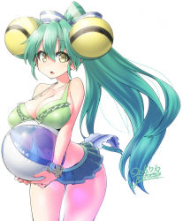 Rule 34 | 10s, 1girl, aqua hair, ball, beachball, bikini, bow, breasts, cleavage, dated, covered erect nipples, extra eyes, gradient hair, green hair, hair bow, highres, jacqueline (show by rock!!), large breasts, long hair, looking at viewer, multicolored hair, navel, ponytail, show by rock!!, simple background, solo, strap gap, swimsuit, transparent, very long hair, white background, yellow eyes, yoshida hideyuki