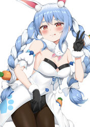 Rule 34 | 1girl, :3, absurdres, animal ear fluff, animal ears, arm cuffs, armpit peek, backless outfit, black gloves, black leotard, black pantyhose, blue hair, blush, braid, breasts, carrot hair ornament, cleavage, closed mouth, cowboy shot, don-chan (usada pekora), double v, dress, food-themed hair ornament, fur-trimmed gloves, fur scarf, fur trim, gloves, hair ornament, hair ribbon, highres, hololive, leotard, light blue hair, long hair, looking at viewer, medium breasts, nedia (nedia region), off-shoulder dress, off shoulder, pantyhose, playboy bunny, pom pom (clothes), rabbit ears, red eyes, ribbon, sideboob, simple background, smile, smirk, smug, solo, thick eyebrows, tongue, tongue out, tress ribbon, twin braids, twintails, usada pekora, usada pekora (1st costume), v, virtual youtuber, white background, white dress, white hair