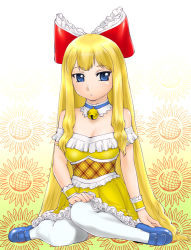 Rule 34 | 1girl, bare shoulders, bell, blonde hair, blue eyes, blush, bow, breasts, cleavage, collar, detached collar, doraemon, dorami, dress, floral background, flower, frilled dress, frills, full body, gradient background, hair bow, hair ribbon, hand on thigh, jingle bell, kneeling, loafers, long hair, looking at viewer, medium breasts, neck bell, parted lips, personification, plaid, pleated dress, ribbon, shoes, sidelocks, sitting, solo, sunflower, thighhighs, ueyama michirou, very long hair, wariza, wavy hair, white thighhighs, wrist cuffs, yellow dress